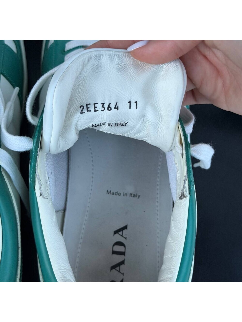 Prada Sneakers Green White Size 11 Leather Low Top Lace Up Italy 2EE364 - Picture 10 of 13